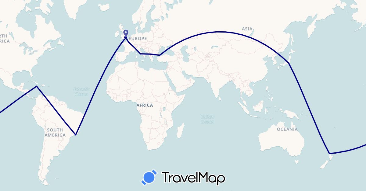 TravelMap itinerary: driving in Brazil, France, United Kingdom, Italy, Jamaica, Japan, New Zealand, Turkey (Asia, Europe, North America, Oceania, South America)